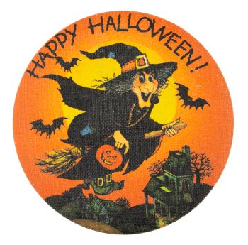 Happy Halloween Witch Over Houses Event Button Museum