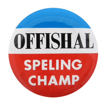 Official Spelling Champ Blue White and Red Ice Breakers Button Museum